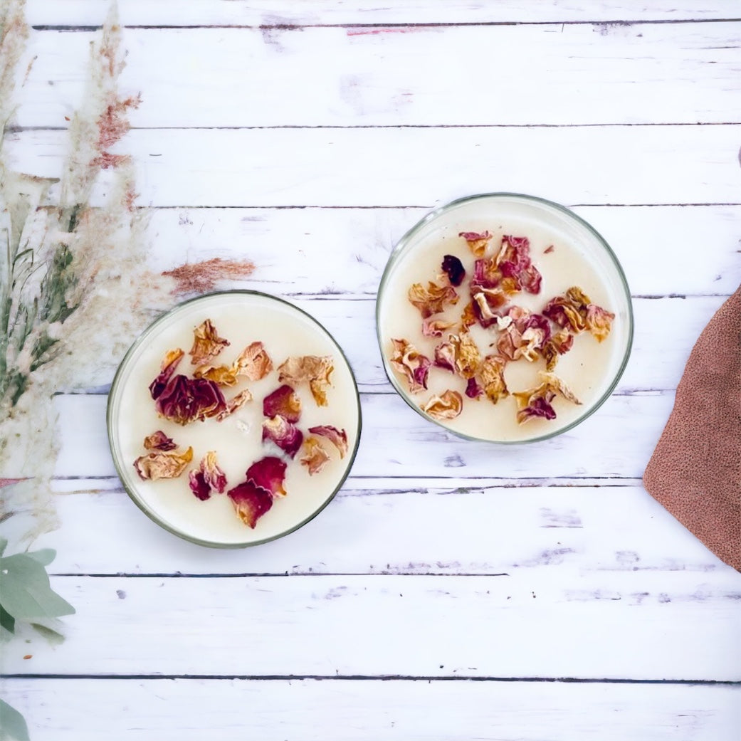 Finished Soy Candles with Rose Petals and Glitter